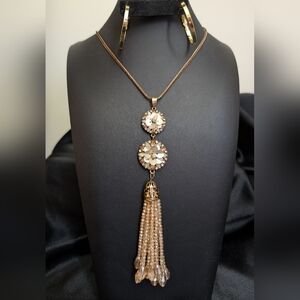 #6. Champagne -Tone Floral Tassel Pendant Necklace with Bead Fringe